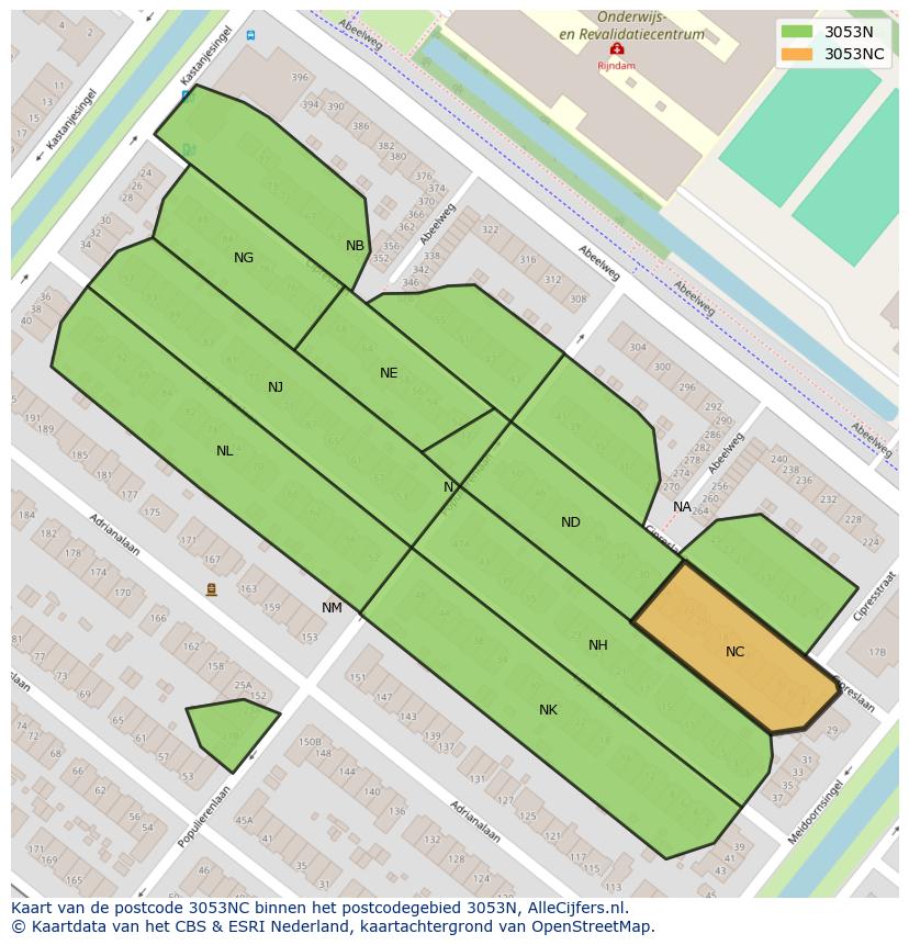 Afbeelding van het postcodegebied 3053 NC op de kaart.