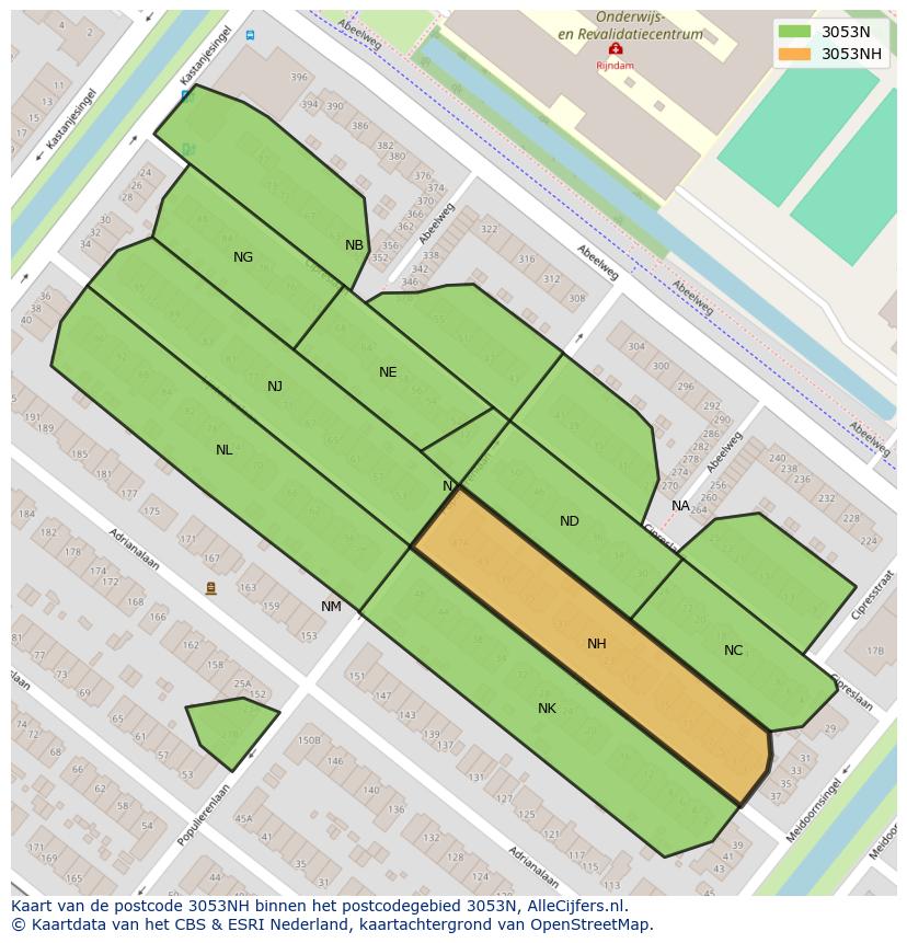 Afbeelding van het postcodegebied 3053 NH op de kaart.