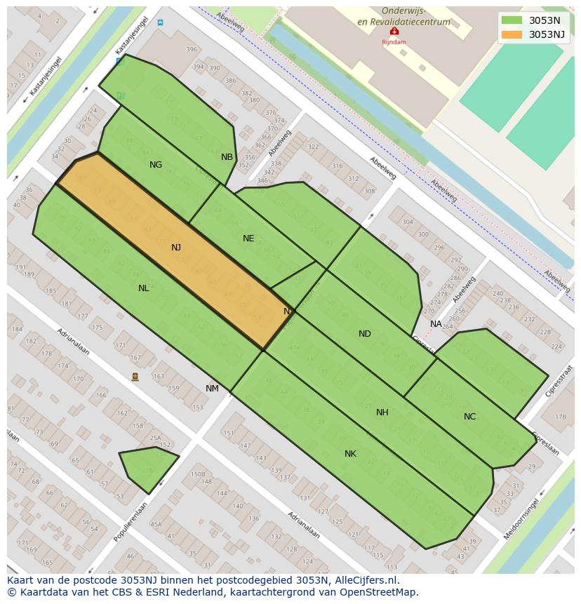 Afbeelding van het postcodegebied 3053 NJ op de kaart.