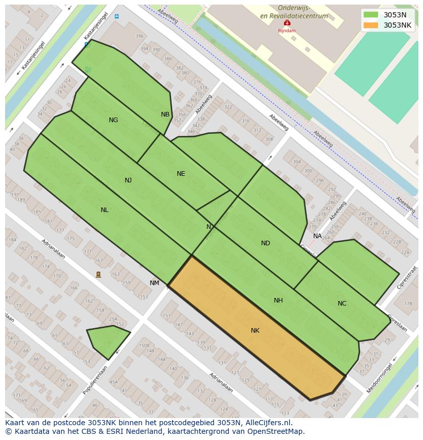 Afbeelding van het postcodegebied 3053 NK op de kaart.