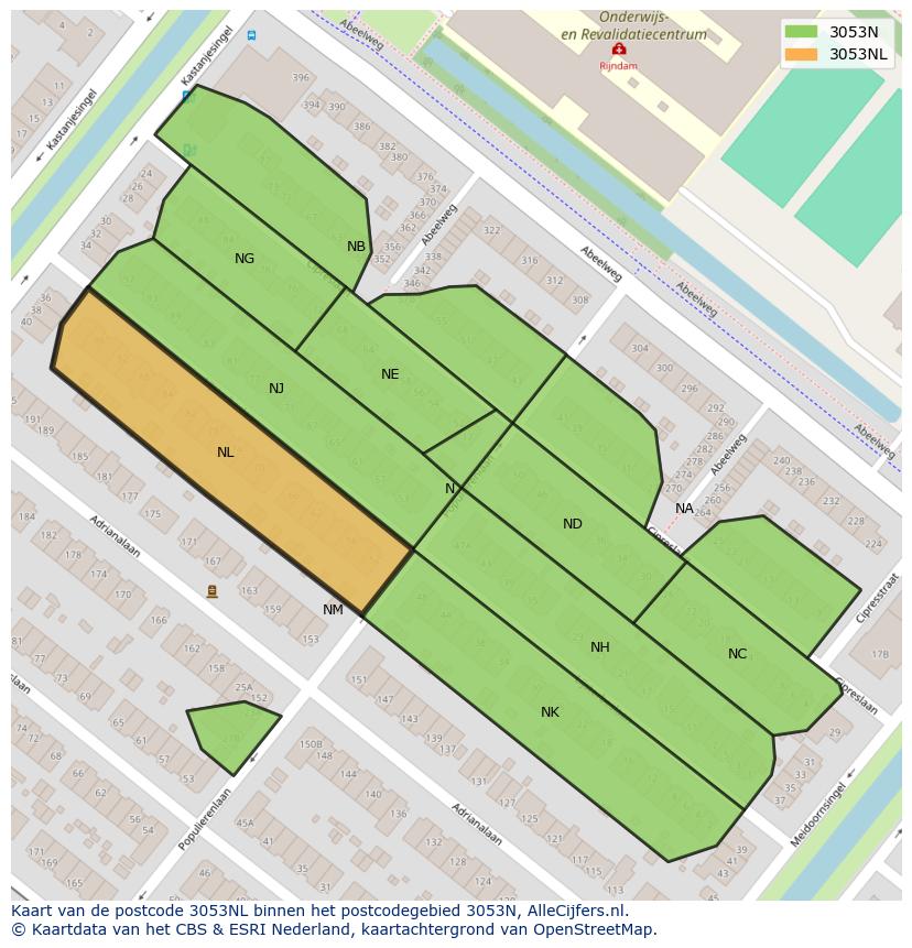 Afbeelding van het postcodegebied 3053 NL op de kaart.