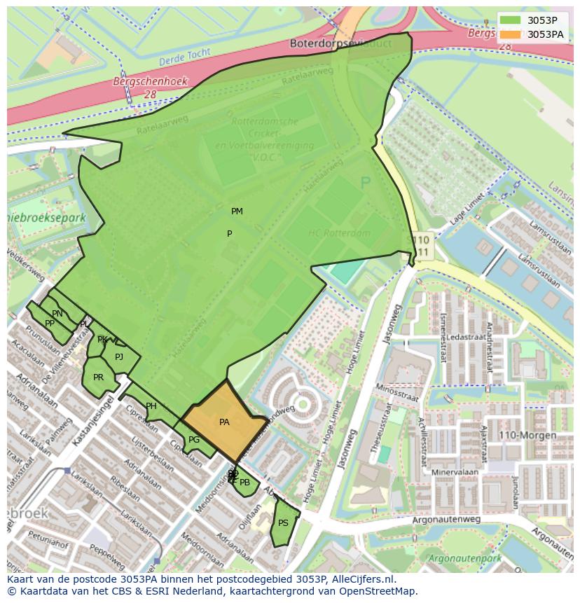 Afbeelding van het postcodegebied 3053 PA op de kaart.