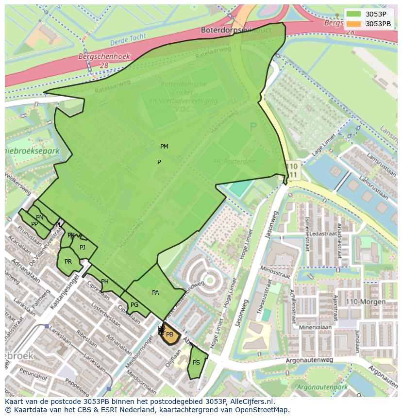 Afbeelding van het postcodegebied 3053 PB op de kaart.