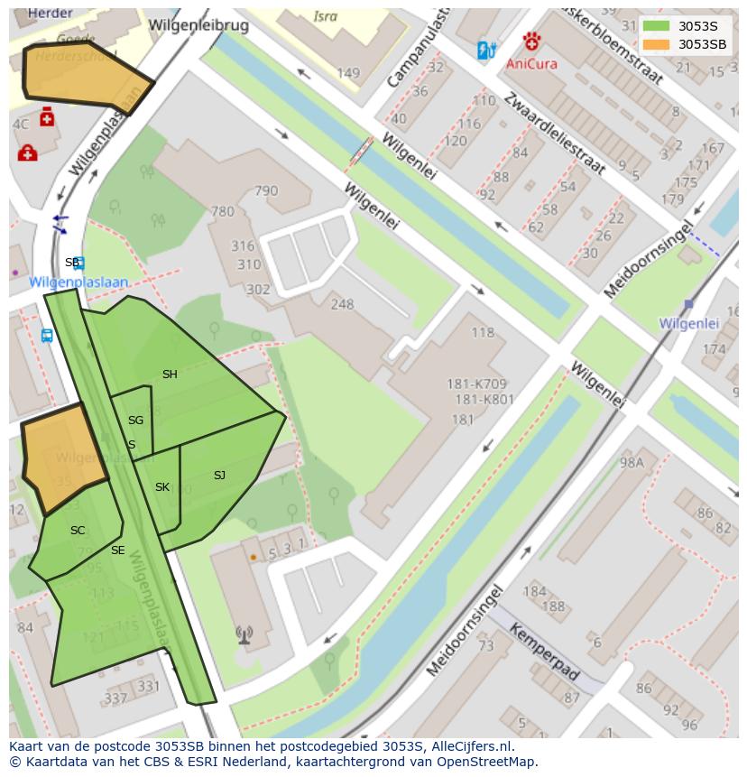 Afbeelding van het postcodegebied 3053 SB op de kaart.