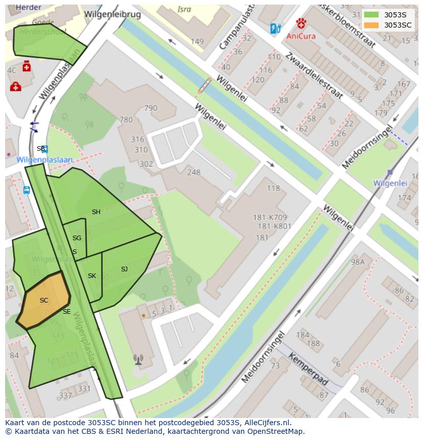 Afbeelding van het postcodegebied 3053 SC op de kaart.