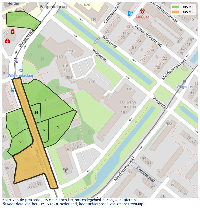 Afbeelding van het postcodegebied 3053 SE op de kaart.