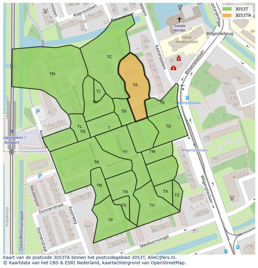 Afbeelding van het postcodegebied 3053 TA op de kaart.