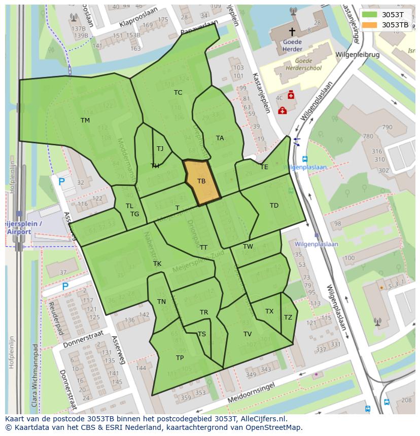 Afbeelding van het postcodegebied 3053 TB op de kaart.