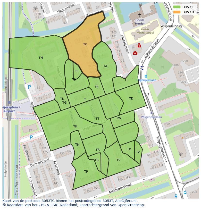 Afbeelding van het postcodegebied 3053 TC op de kaart.