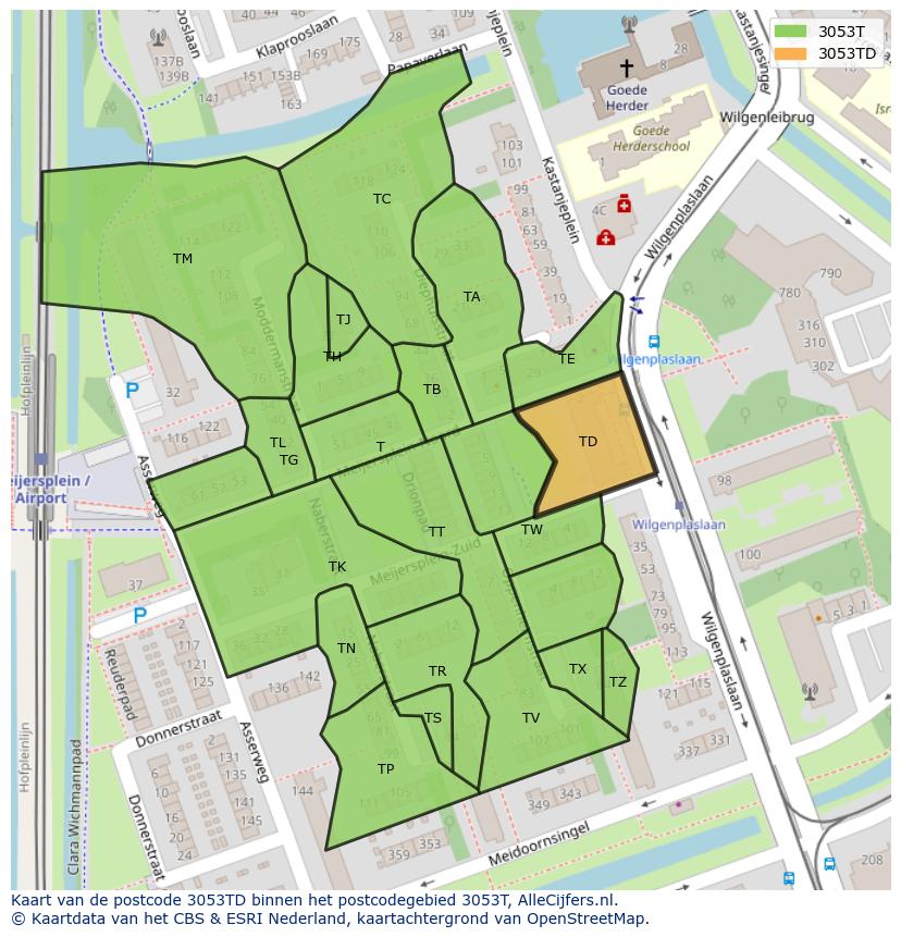 Afbeelding van het postcodegebied 3053 TD op de kaart.