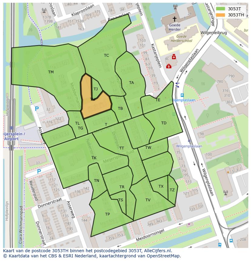 Afbeelding van het postcodegebied 3053 TH op de kaart.
