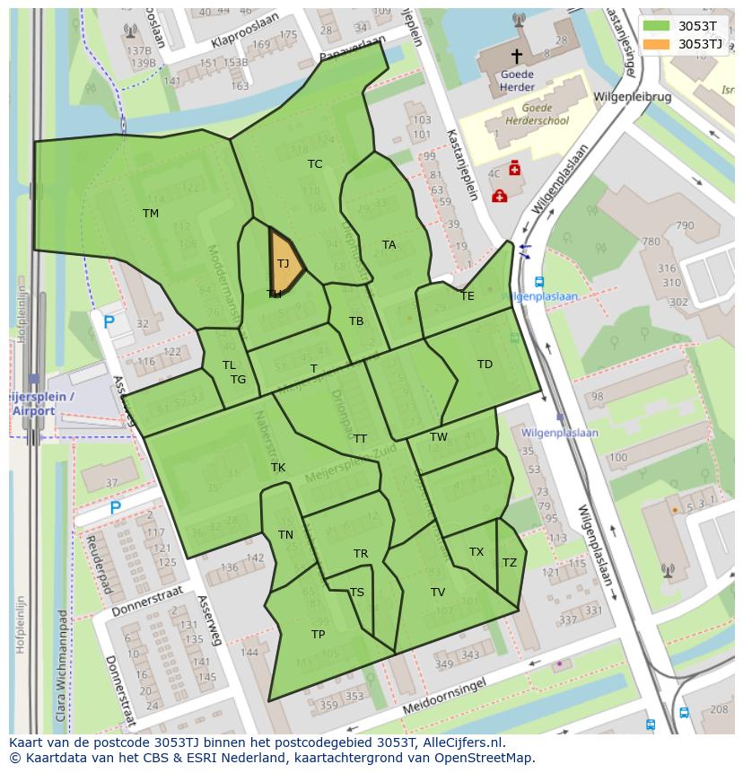 Afbeelding van het postcodegebied 3053 TJ op de kaart.
