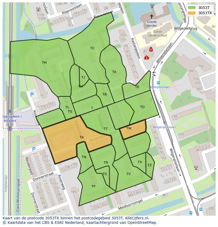 Afbeelding van het postcodegebied 3053 TK op de kaart.