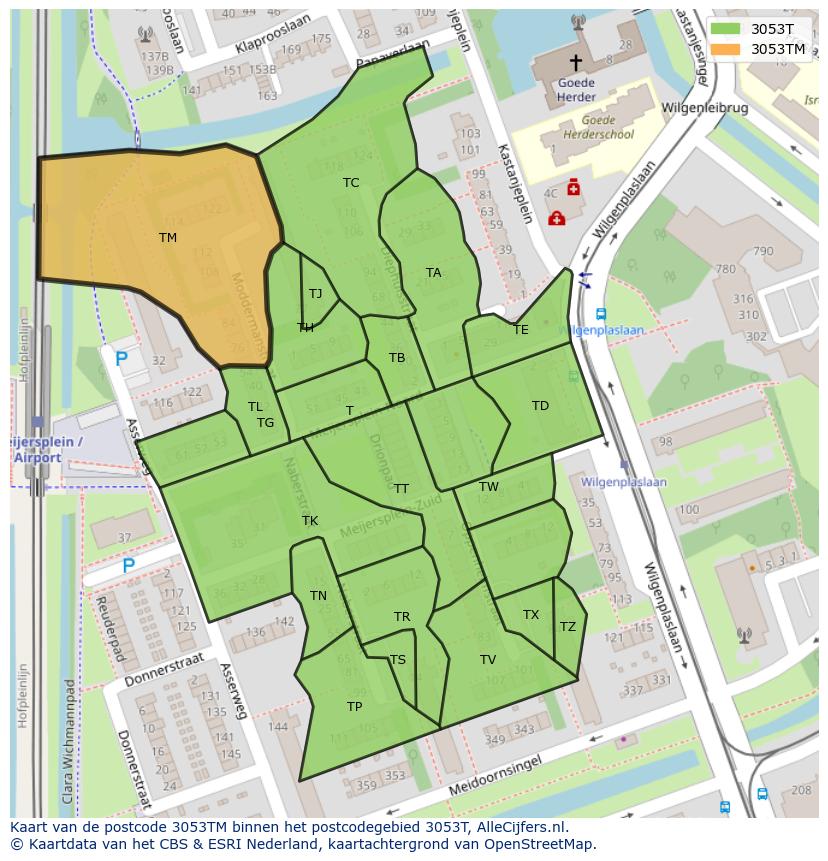 Afbeelding van het postcodegebied 3053 TM op de kaart.