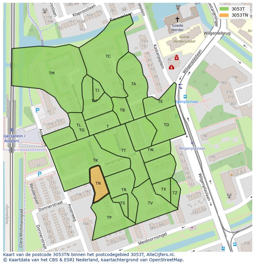 Afbeelding van het postcodegebied 3053 TN op de kaart.