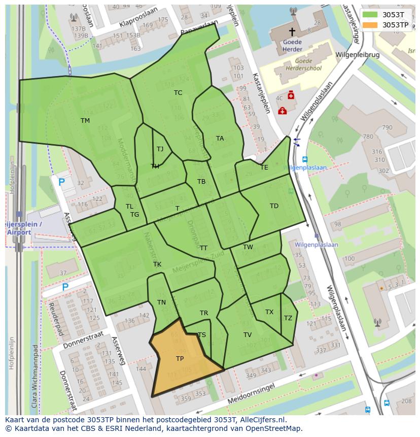 Afbeelding van het postcodegebied 3053 TP op de kaart.