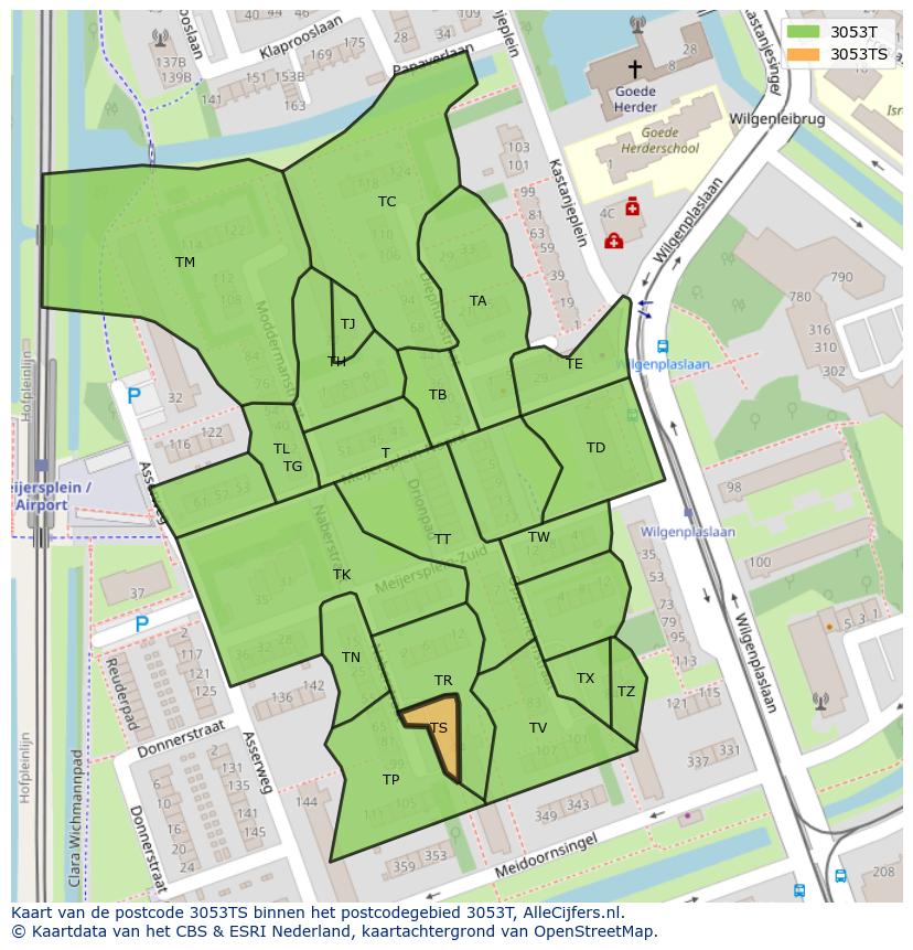 Afbeelding van het postcodegebied 3053 TS op de kaart.