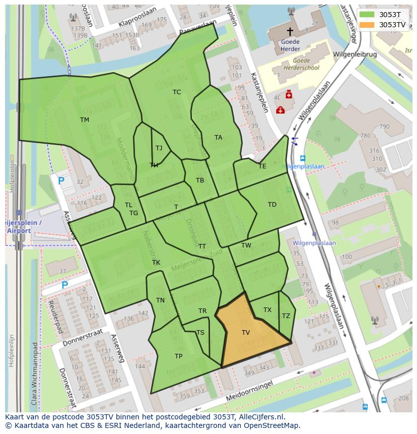 Afbeelding van het postcodegebied 3053 TV op de kaart.