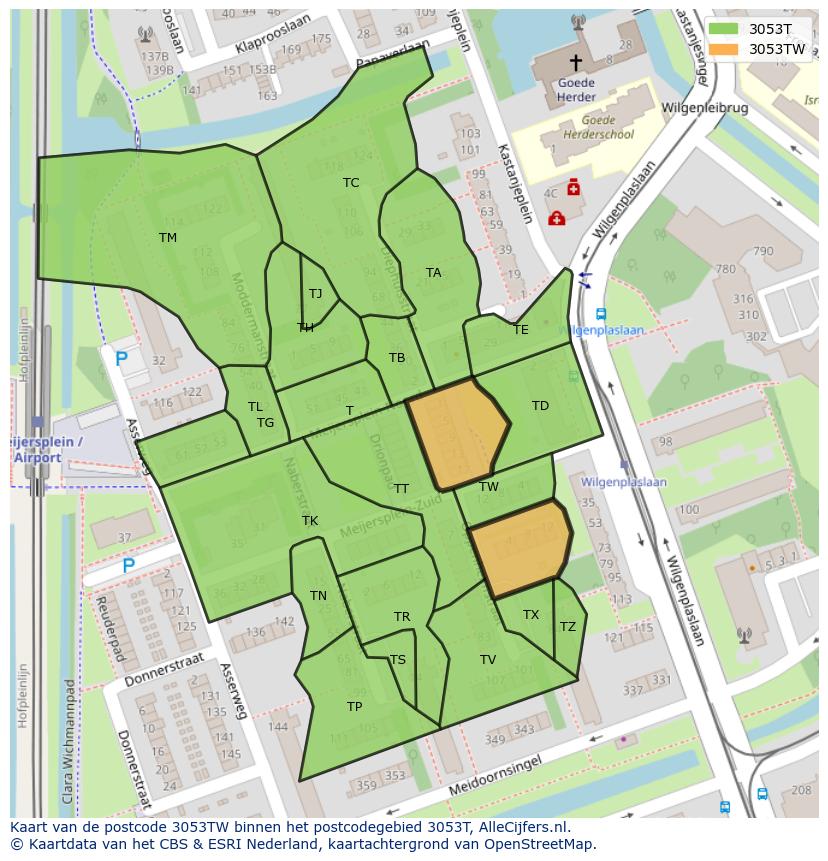 Afbeelding van het postcodegebied 3053 TW op de kaart.