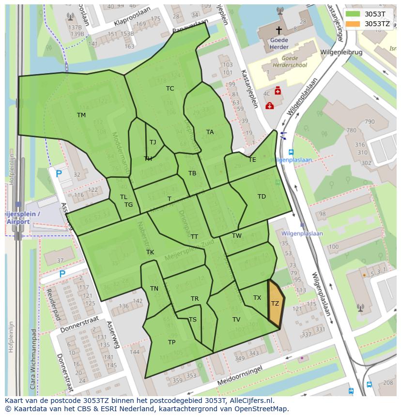 Afbeelding van het postcodegebied 3053 TZ op de kaart.