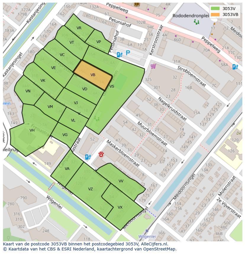 Afbeelding van het postcodegebied 3053 VB op de kaart.