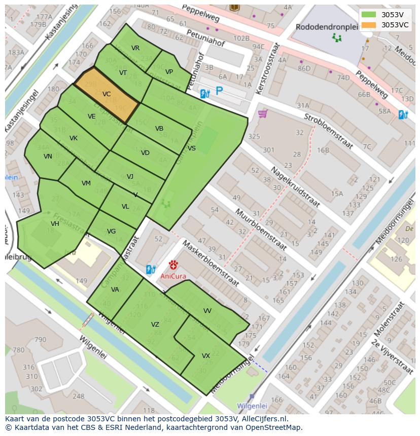 Afbeelding van het postcodegebied 3053 VC op de kaart.