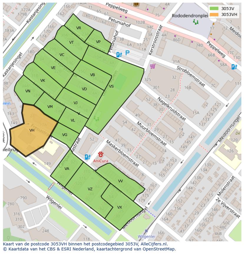 Afbeelding van het postcodegebied 3053 VH op de kaart.