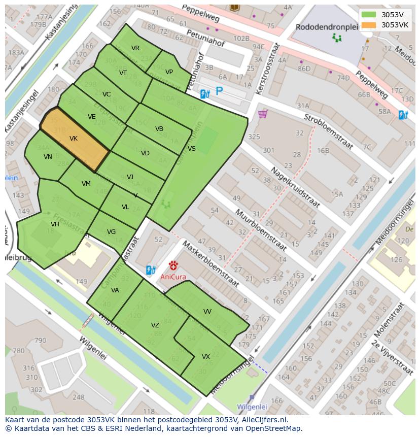 Afbeelding van het postcodegebied 3053 VK op de kaart.