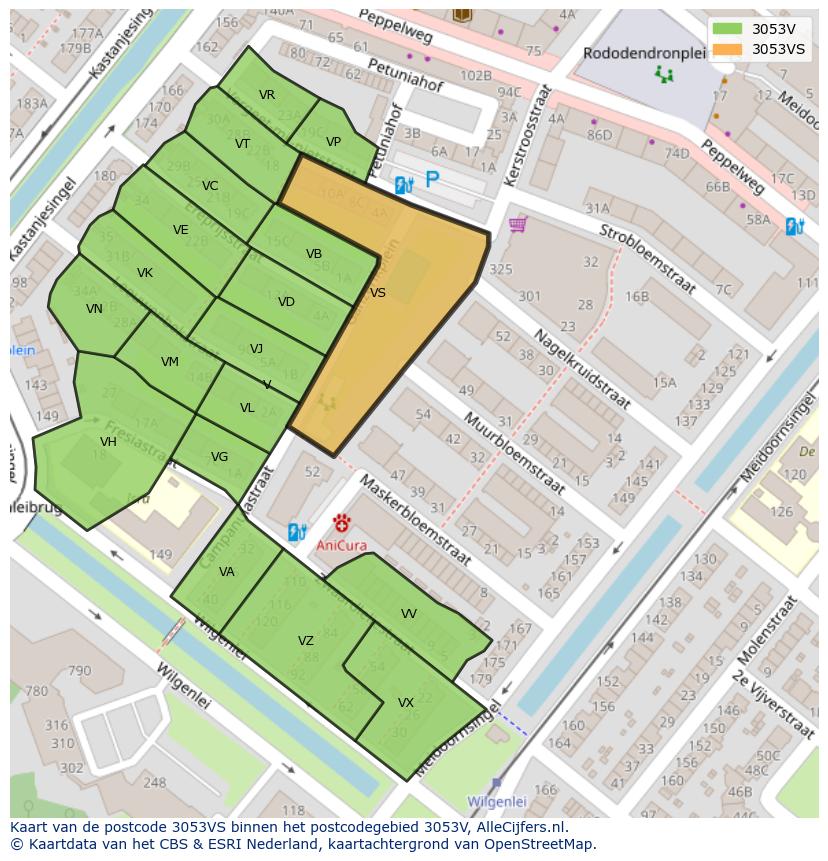 Afbeelding van het postcodegebied 3053 VS op de kaart.