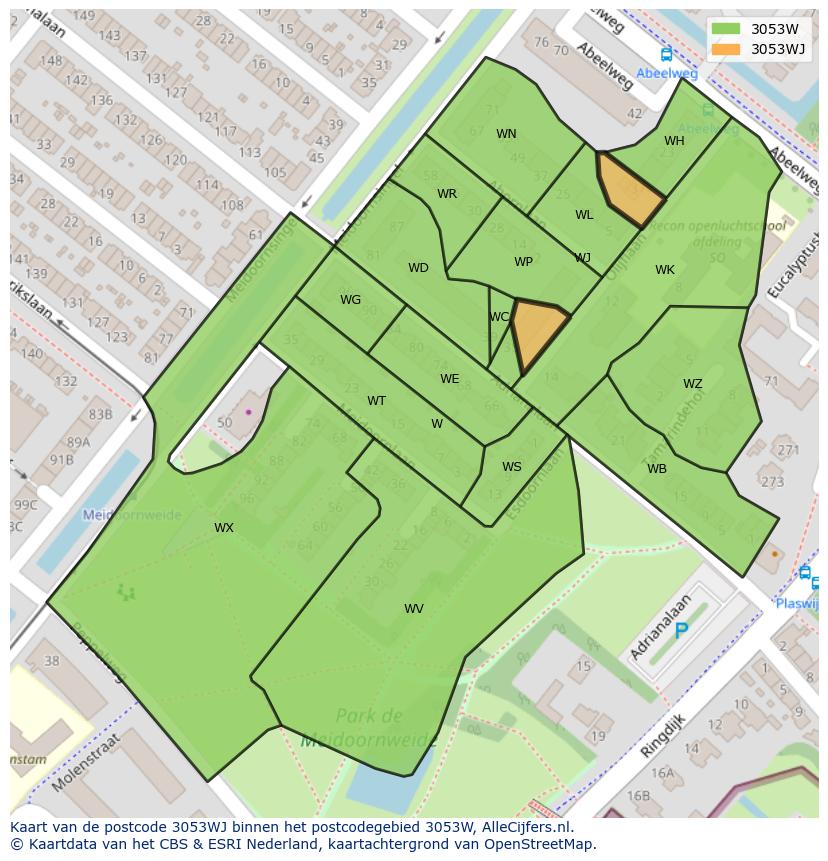 Afbeelding van het postcodegebied 3053 WJ op de kaart.