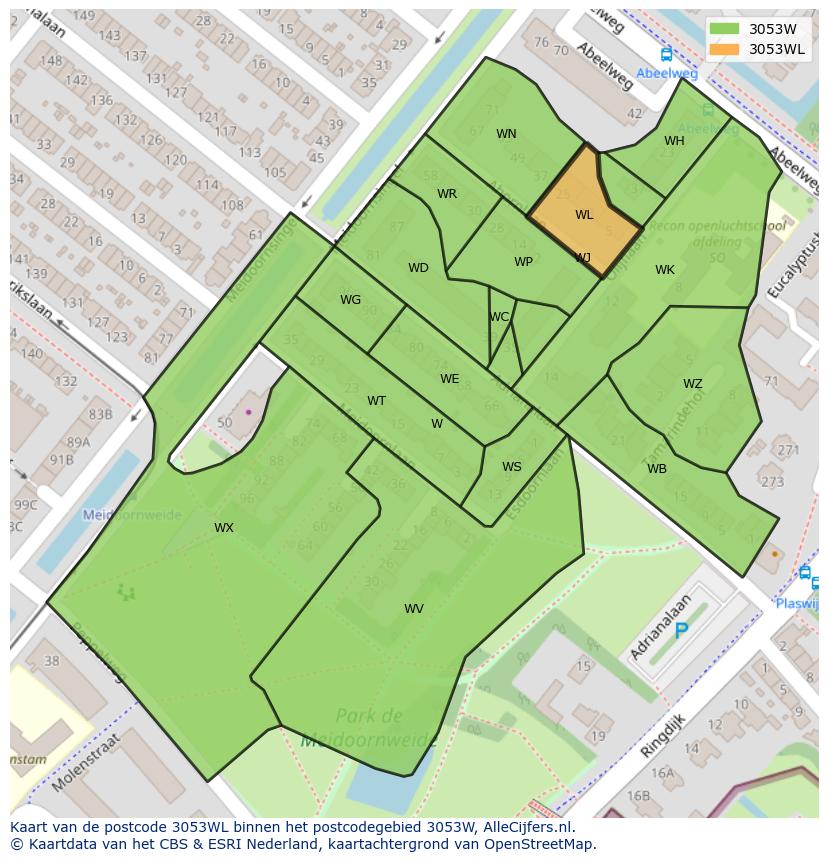 Afbeelding van het postcodegebied 3053 WL op de kaart.
