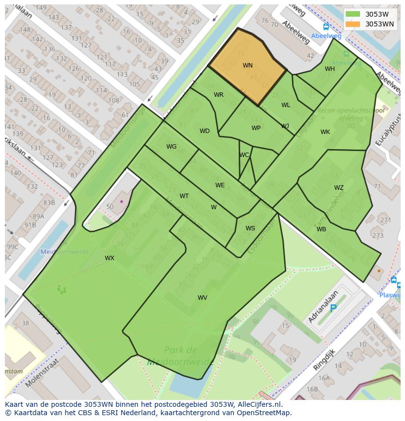 Afbeelding van het postcodegebied 3053 WN op de kaart.