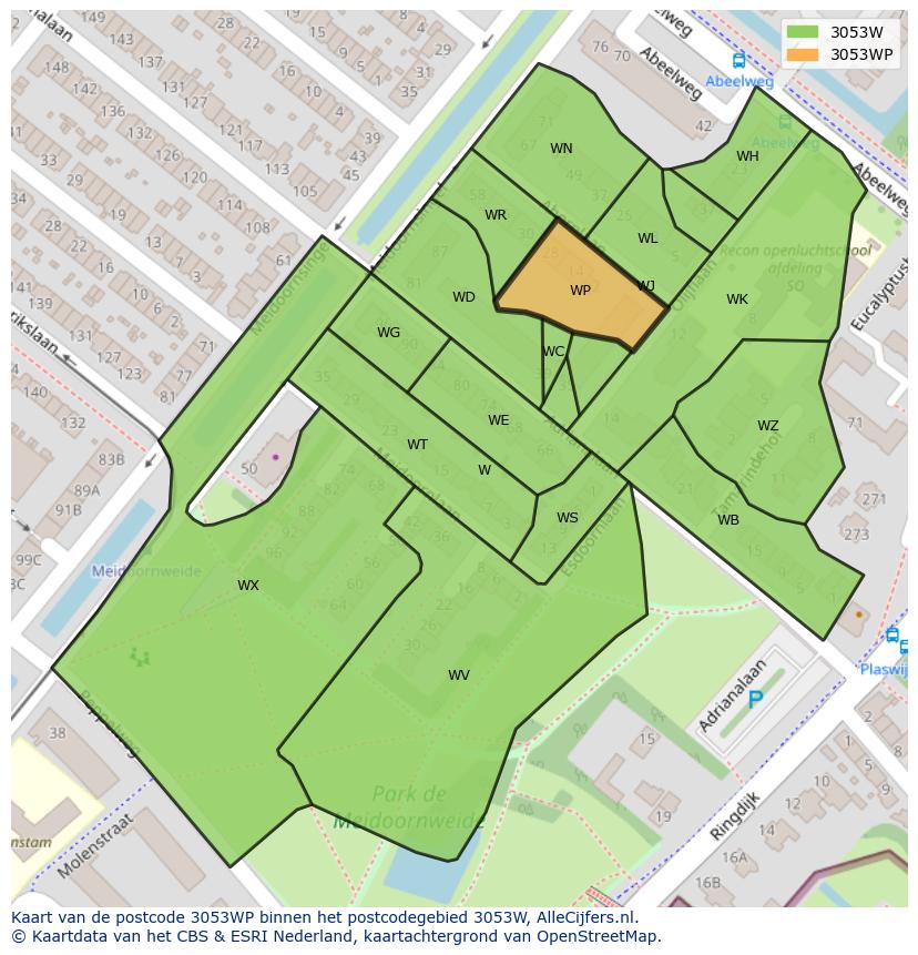 Afbeelding van het postcodegebied 3053 WP op de kaart.
