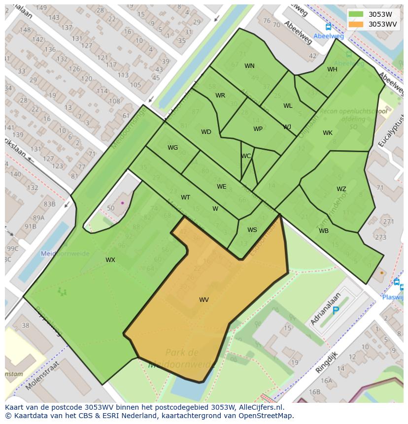 Afbeelding van het postcodegebied 3053 WV op de kaart.