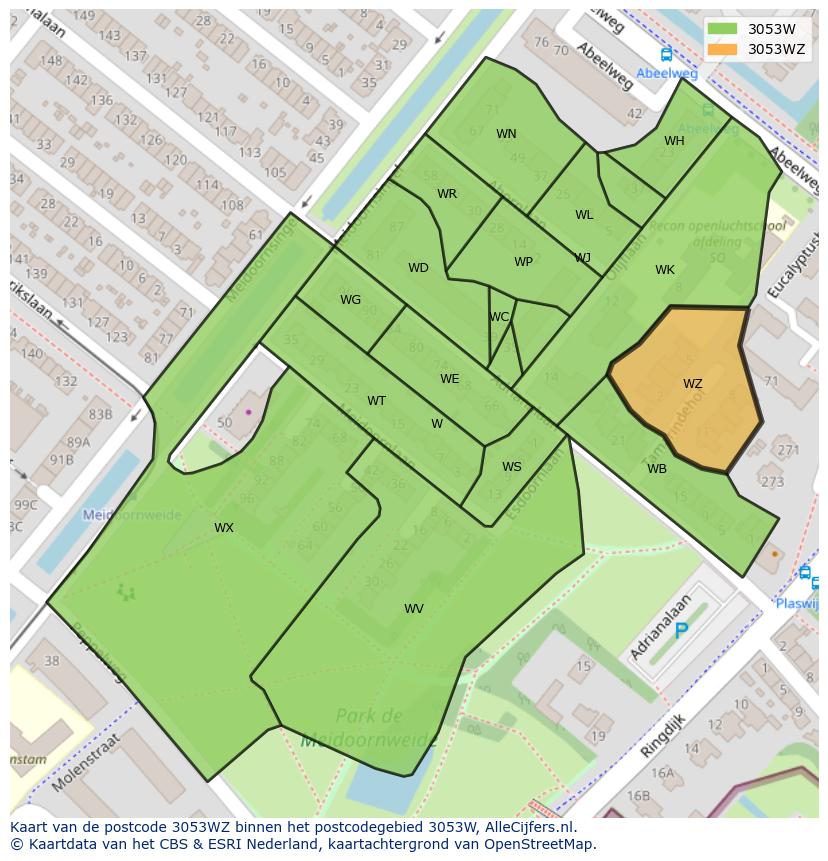 Afbeelding van het postcodegebied 3053 WZ op de kaart.