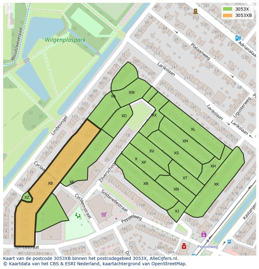 Afbeelding van het postcodegebied 3053 XB op de kaart.