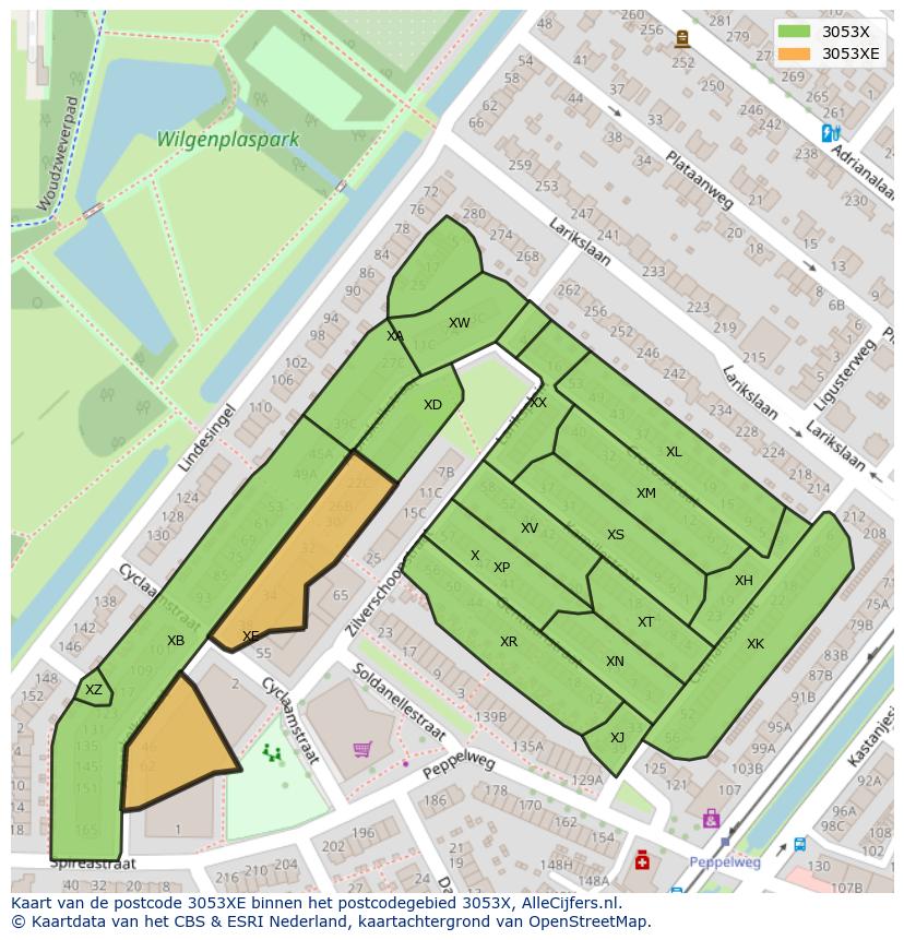 Afbeelding van het postcodegebied 3053 XE op de kaart.