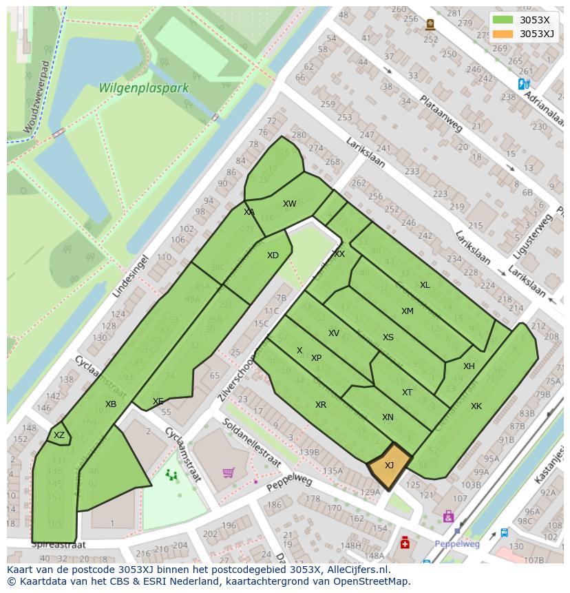 Afbeelding van het postcodegebied 3053 XJ op de kaart.