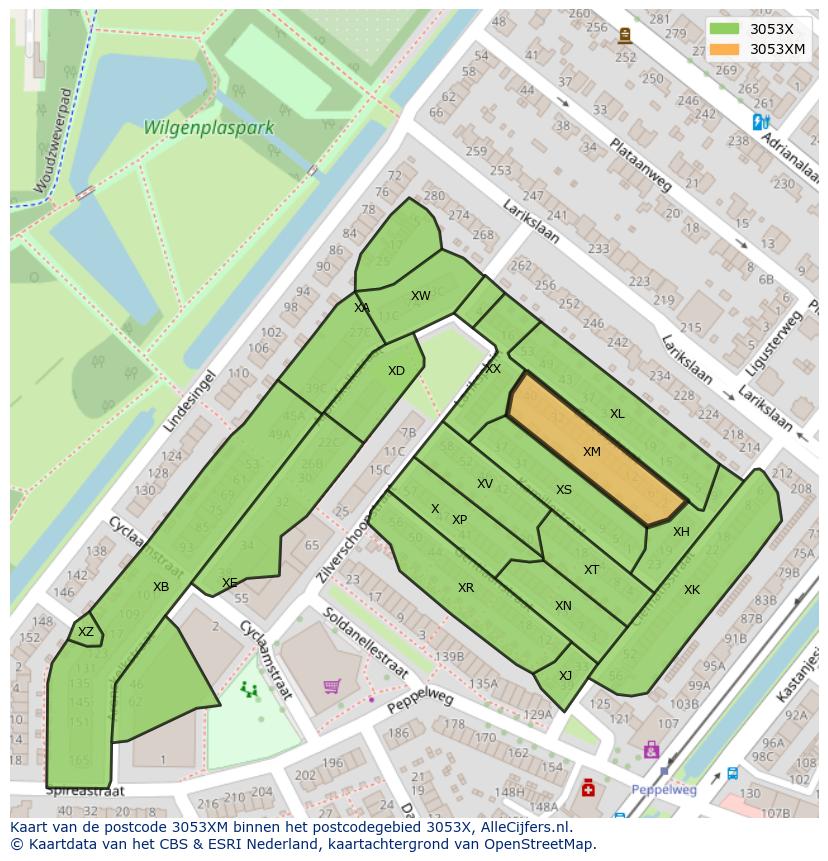 Afbeelding van het postcodegebied 3053 XM op de kaart.