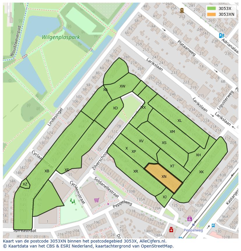 Afbeelding van het postcodegebied 3053 XN op de kaart.