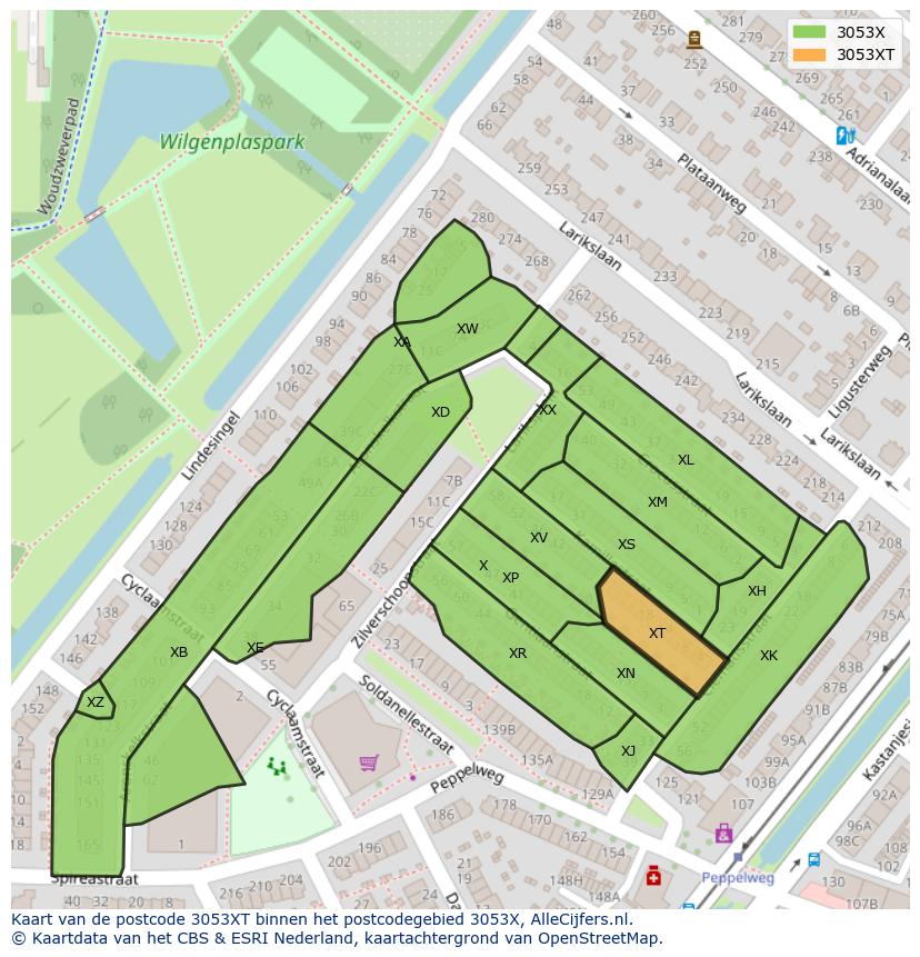 Afbeelding van het postcodegebied 3053 XT op de kaart.