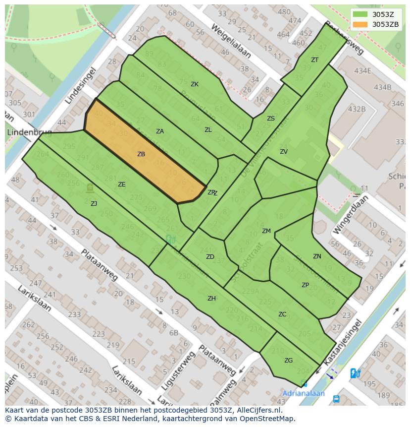Afbeelding van het postcodegebied 3053 ZB op de kaart.