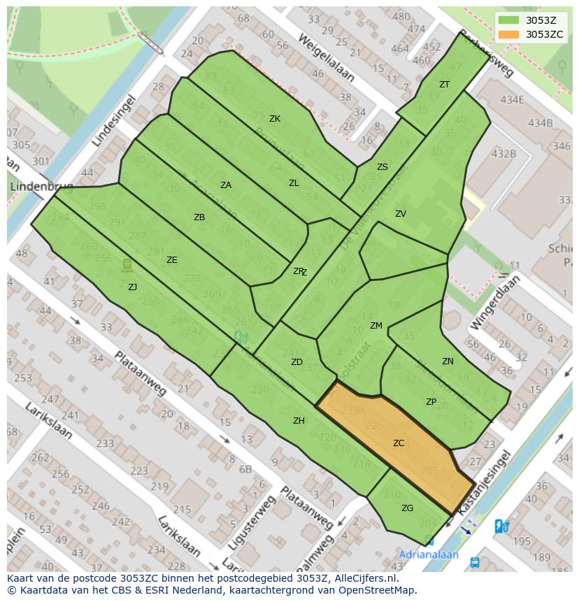 Afbeelding van het postcodegebied 3053 ZC op de kaart.