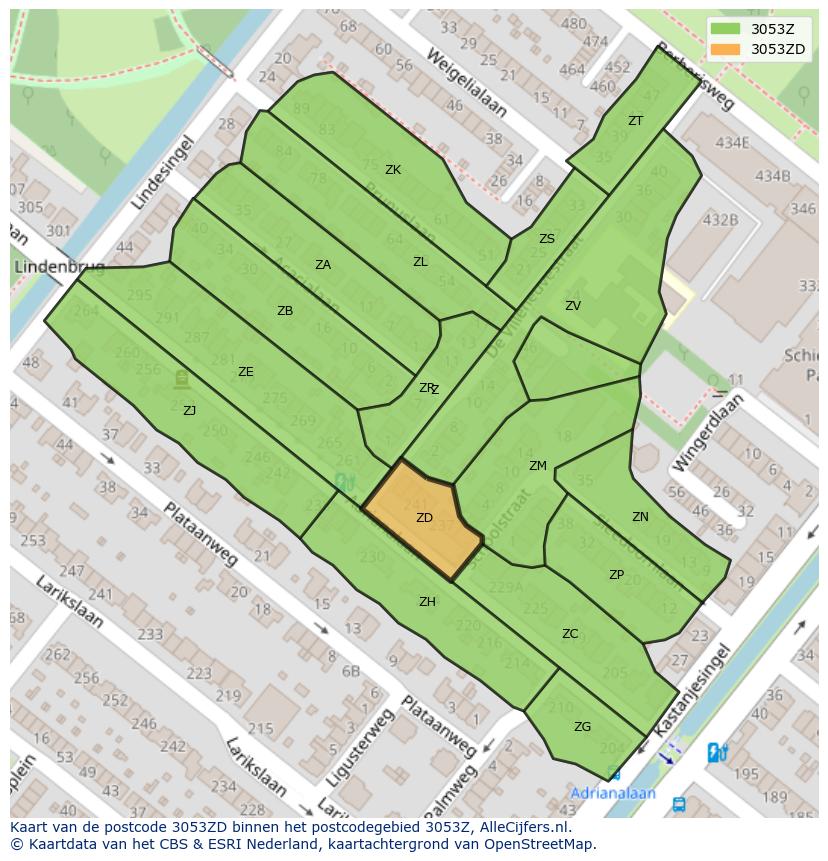 Afbeelding van het postcodegebied 3053 ZD op de kaart.