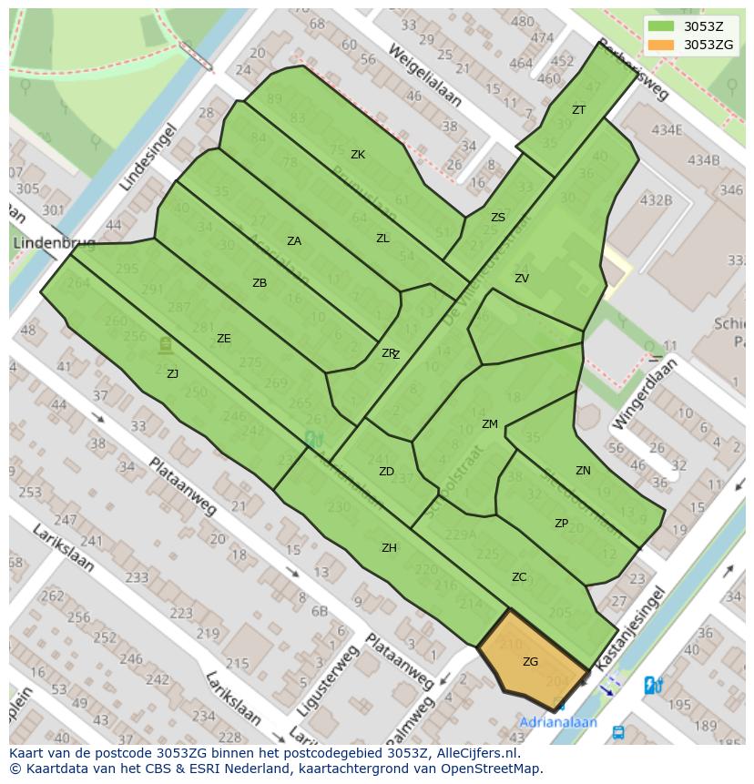 Afbeelding van het postcodegebied 3053 ZG op de kaart.