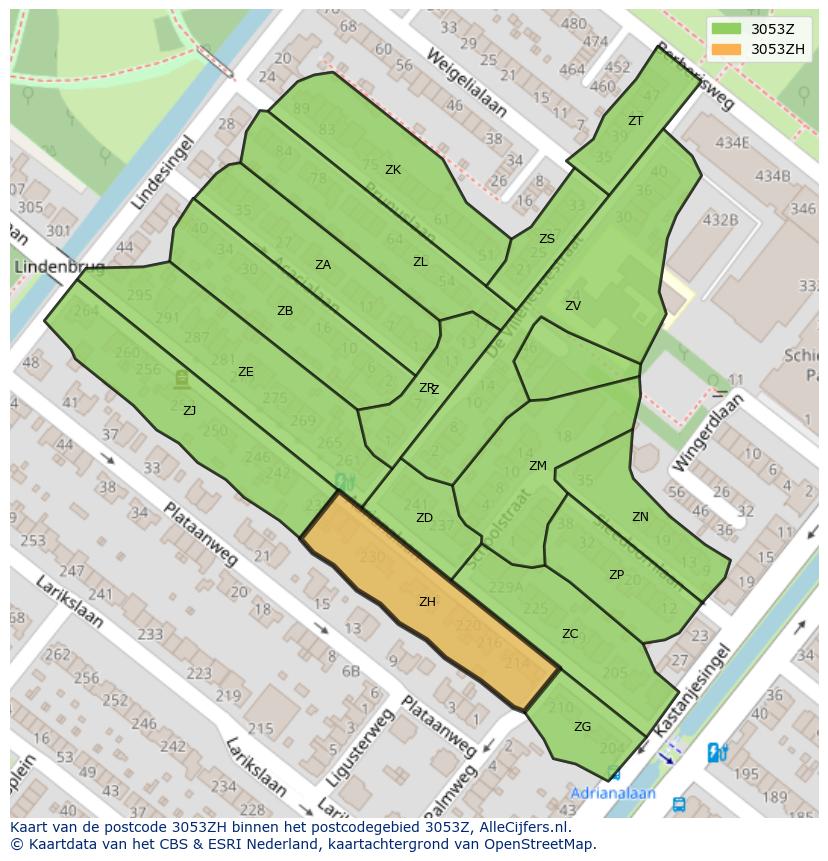 Afbeelding van het postcodegebied 3053 ZH op de kaart.