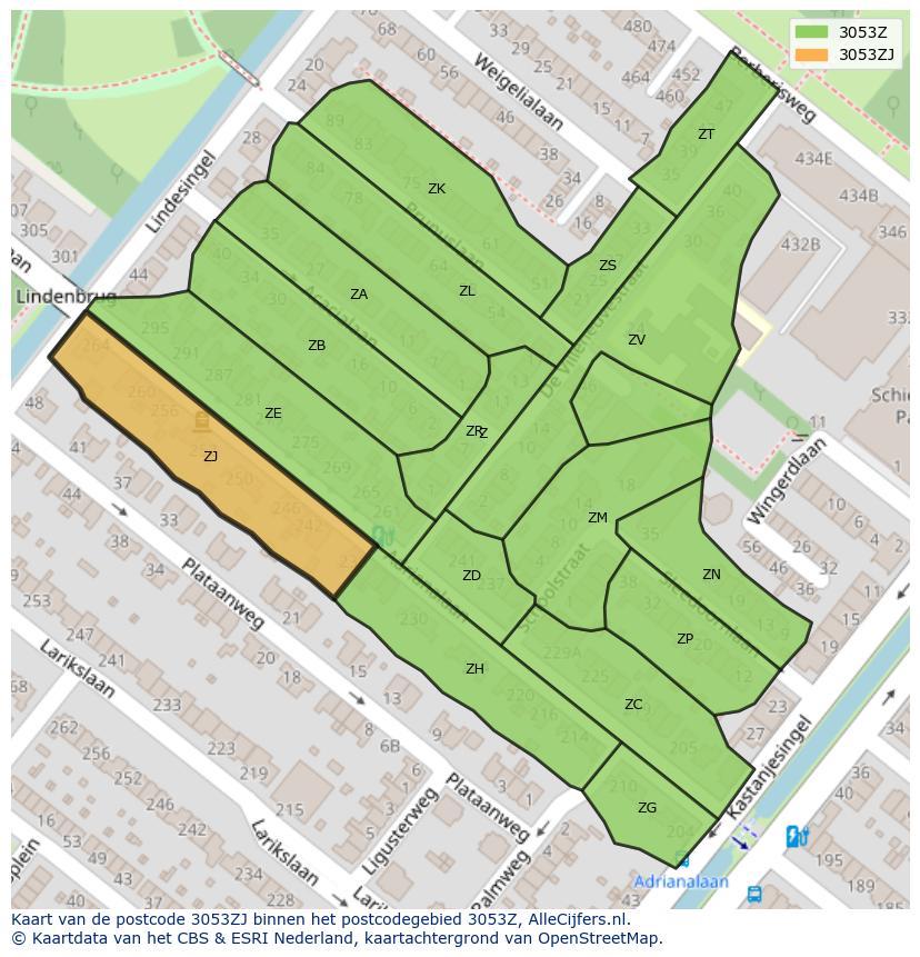 Afbeelding van het postcodegebied 3053 ZJ op de kaart.