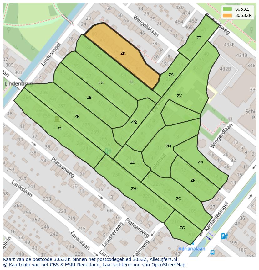 Afbeelding van het postcodegebied 3053 ZK op de kaart.