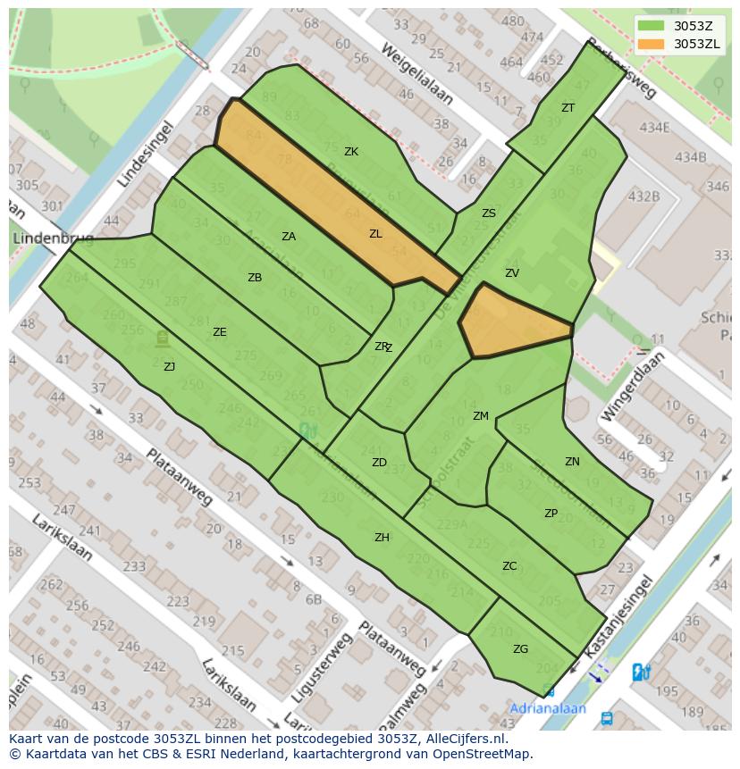 Afbeelding van het postcodegebied 3053 ZL op de kaart.