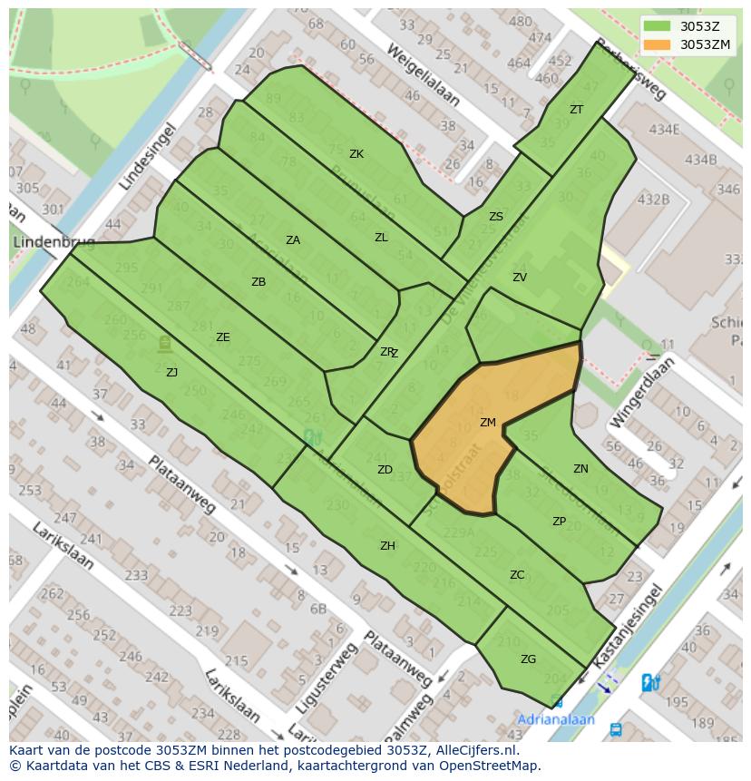 Afbeelding van het postcodegebied 3053 ZM op de kaart.